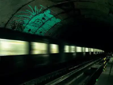 A train moving through a dark subway tunnel with green lighting. The walls of the tunnel are covered in graffiti, with one particular drawing of a bear standing out due to its bright green paint.